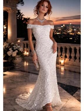 Adrianna Papell Ivory Gown Beaded Off Shoulder Wedding Luxe Gala Train Sz 8